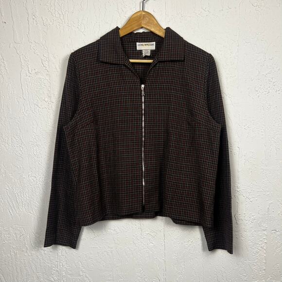 Vintage 90's Women's Houndstooth Zip Up Jacket Brown Large Boho Formal - Picture 1 of 4